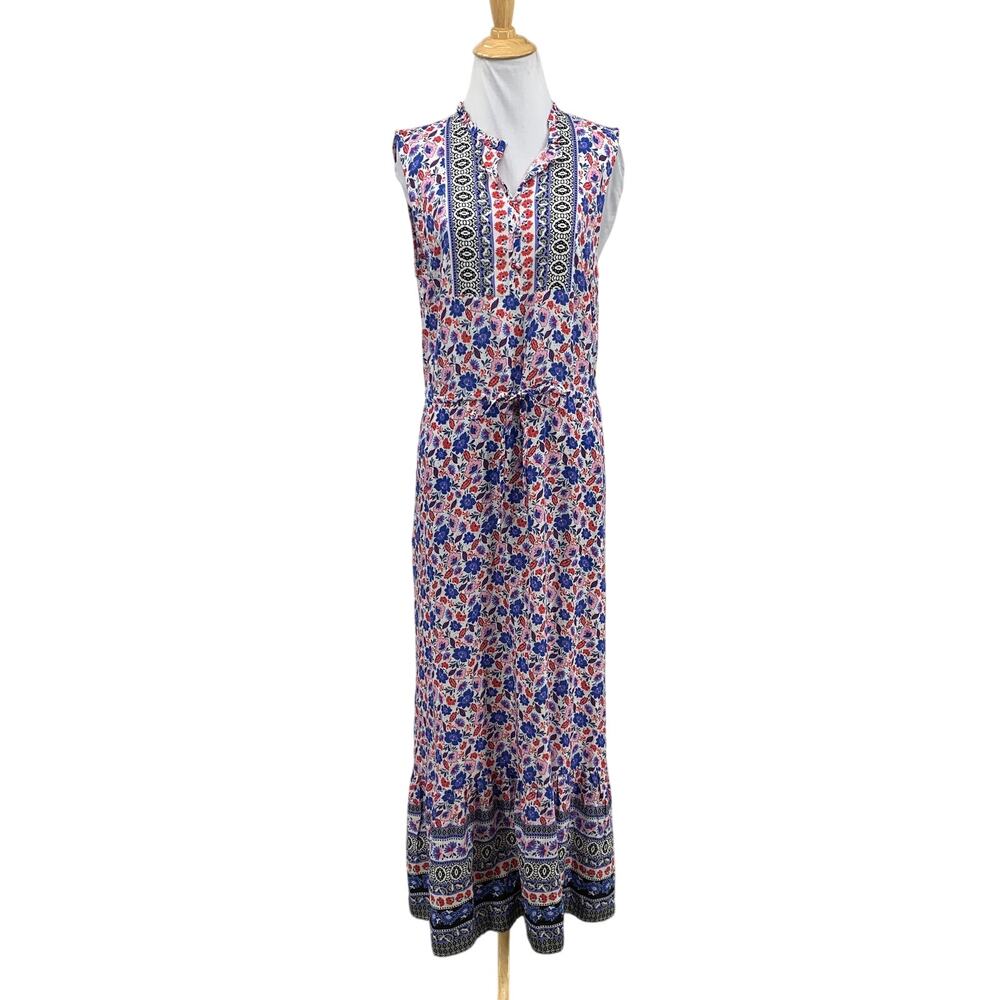 Talbots Dress Womens 6 Multi Floral Sleeveless Tiered Flounce Hem Waist Tie Midi
